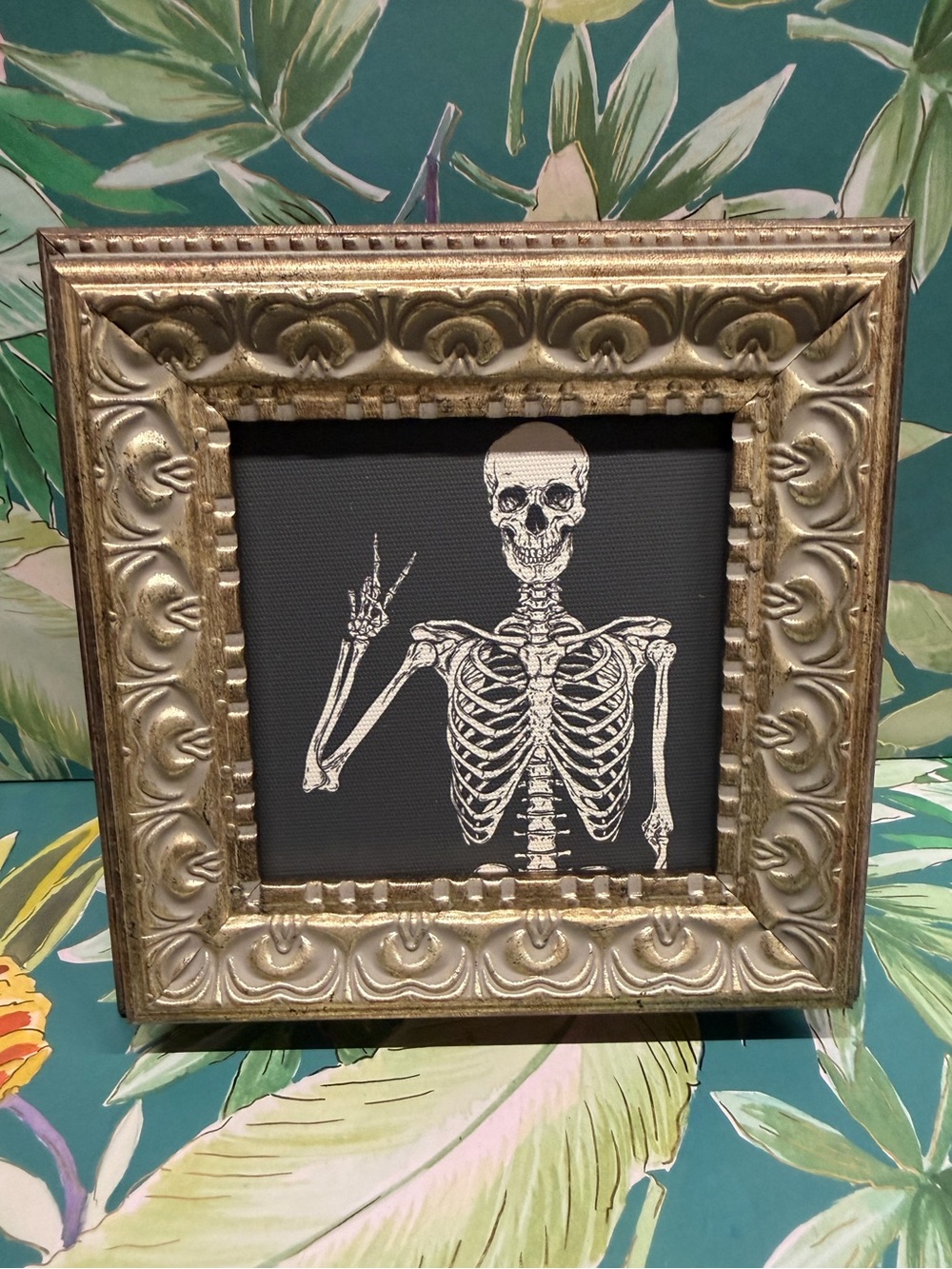 Skeleton Peace Sign Framed Halloween Art Gothic Spooky Decor